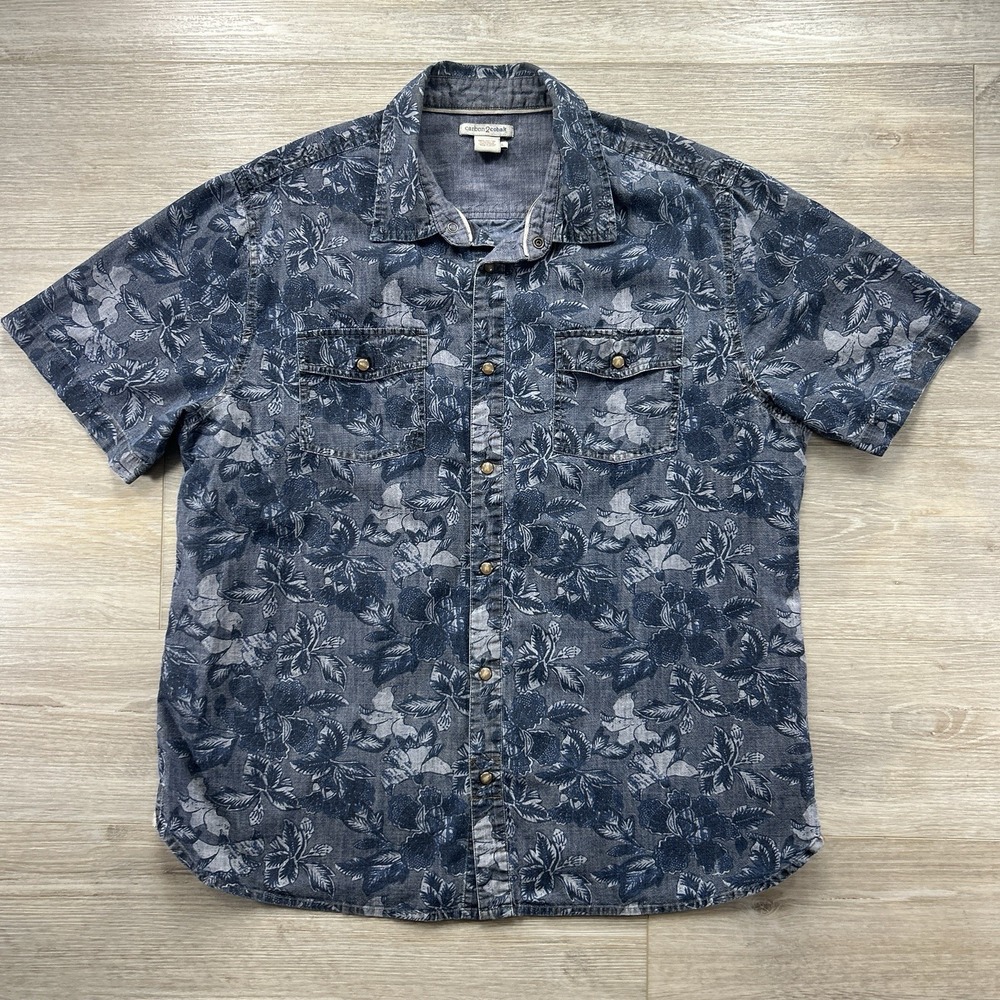 Carbon 2 Cobalt Large‎ Floral Pearl Snap Denim Shirt Tropical Pockets Cotton